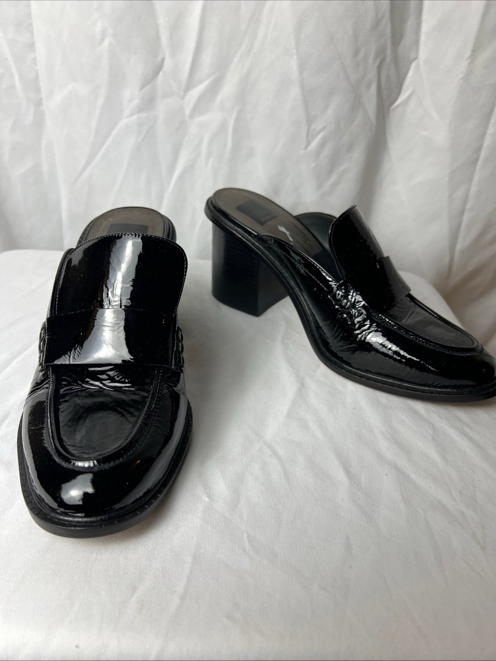 Black Patent Leather Heeled Loafer Mules - Women
